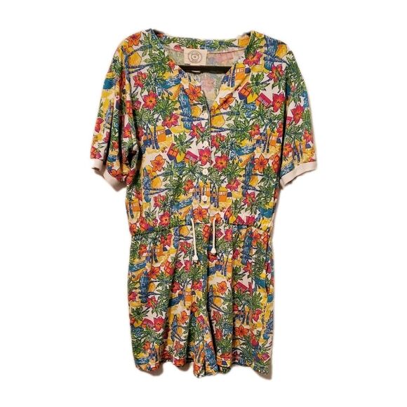 Victoria Sport Pants - VINTAGE 1980s VICTORIA SPORT Med Cotton Romper Travel Beach Pattern Colorful